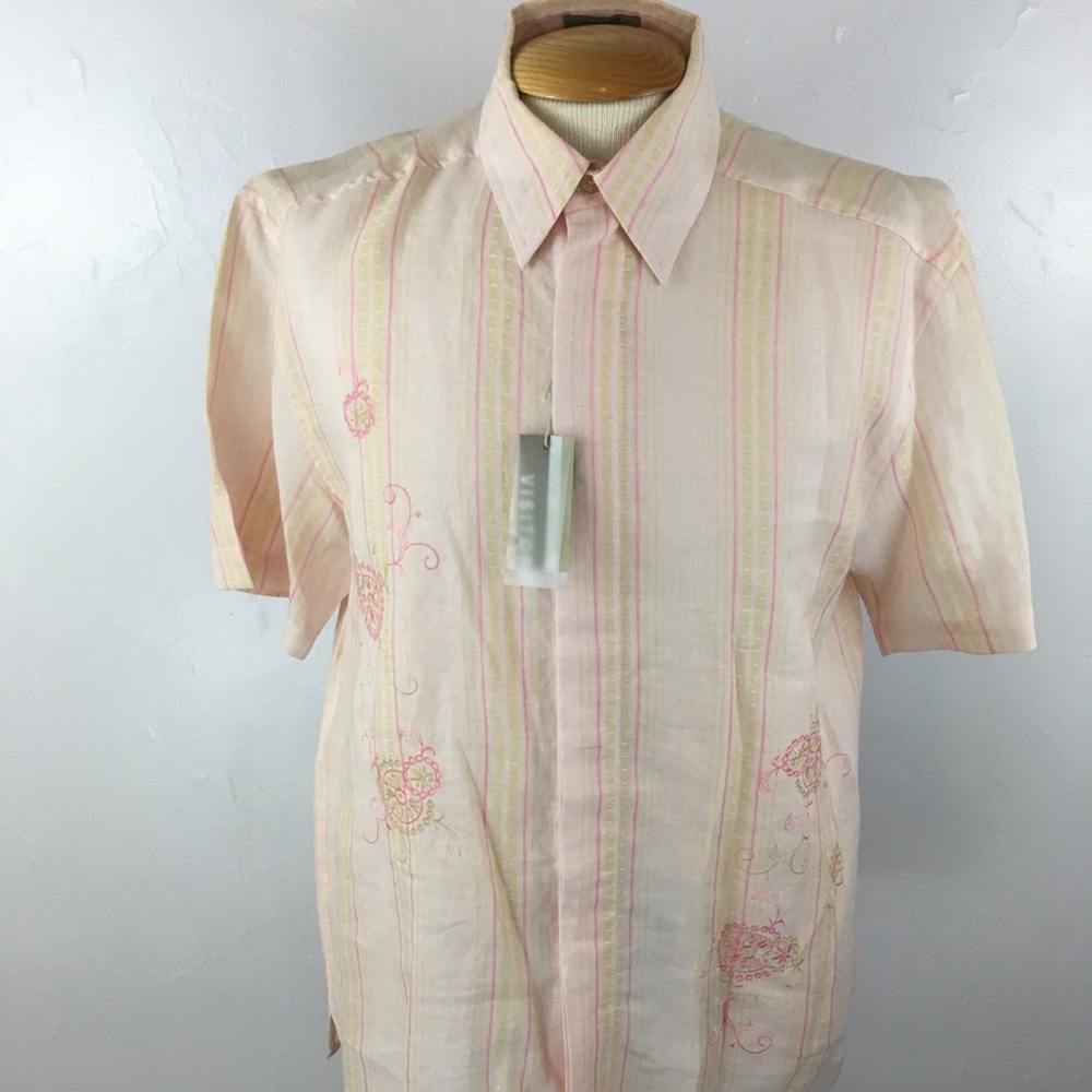 Visitor 100% linen pink cream button down shirt short sleeves casual shirt